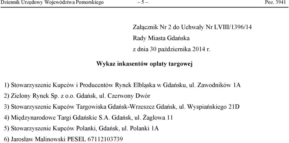 Producentów Rynek Elbląska w Gdańsku, ul. Zawodników 1A 2) Zielony Rynek Sp. z o.o. Gdańsk, ul.
