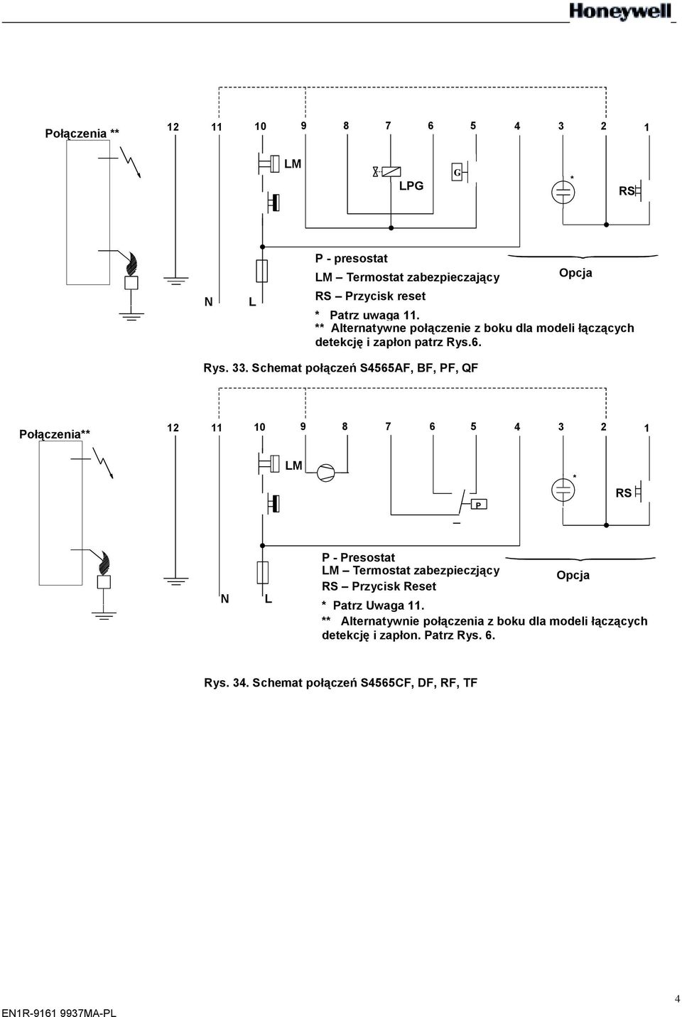 Schemat połączeń S4565AF, BF, F, QF ołączenia** 12 11 10 9 8 7 6 5 4 3 2 1 LM _ * RS N L - resostat LM Termostat zabezpieczjący Opcja