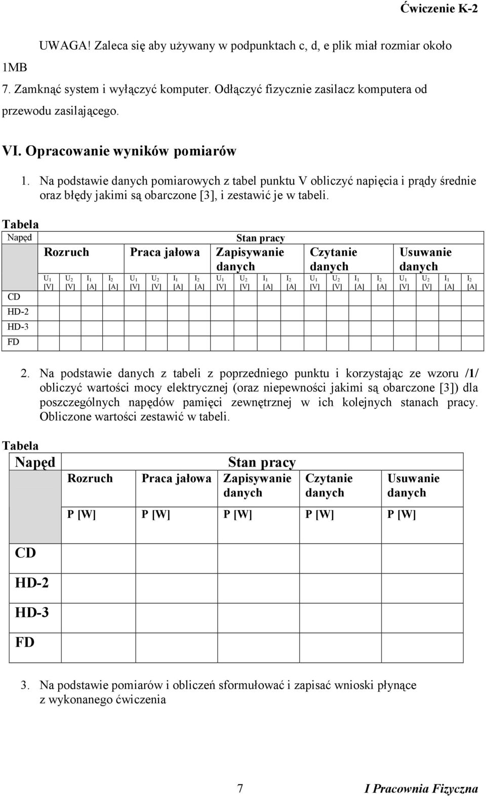 Tabela Napęd Stan pracy Rozruch Praca jałowa Zapisywanie Czytanie Usuwanie CD HD-2 HD-3 FD 2.