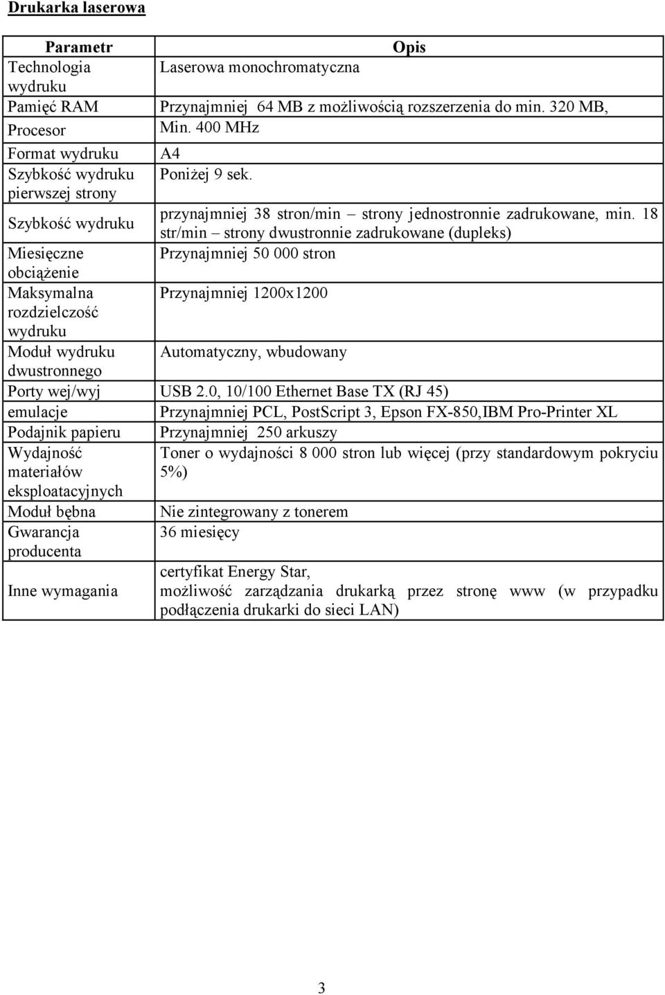 18 str/min strony dwustronnie zadrukowane (dupleks) Miesięczne Przynajmniej 50 000 stron obciąŝenie Maksymalna Przynajmniej 1200x1200 rozdzielczość wydruku Moduł wydruku Automatyczny, wbudowany