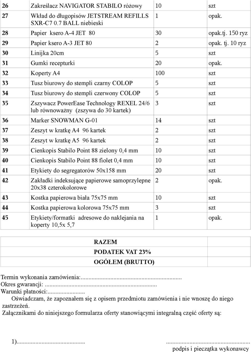 32 Koperty A4 100 szt 33 Tusz biurowy do stempli czarny COLOP 5 szt 34 Tusz biurowy do stempli czerwony COLOP 5 szt 35 Zszywacz PowerEase Technology REXEL 24/6 lub równoważny (zszywa do 30 kartek) 3