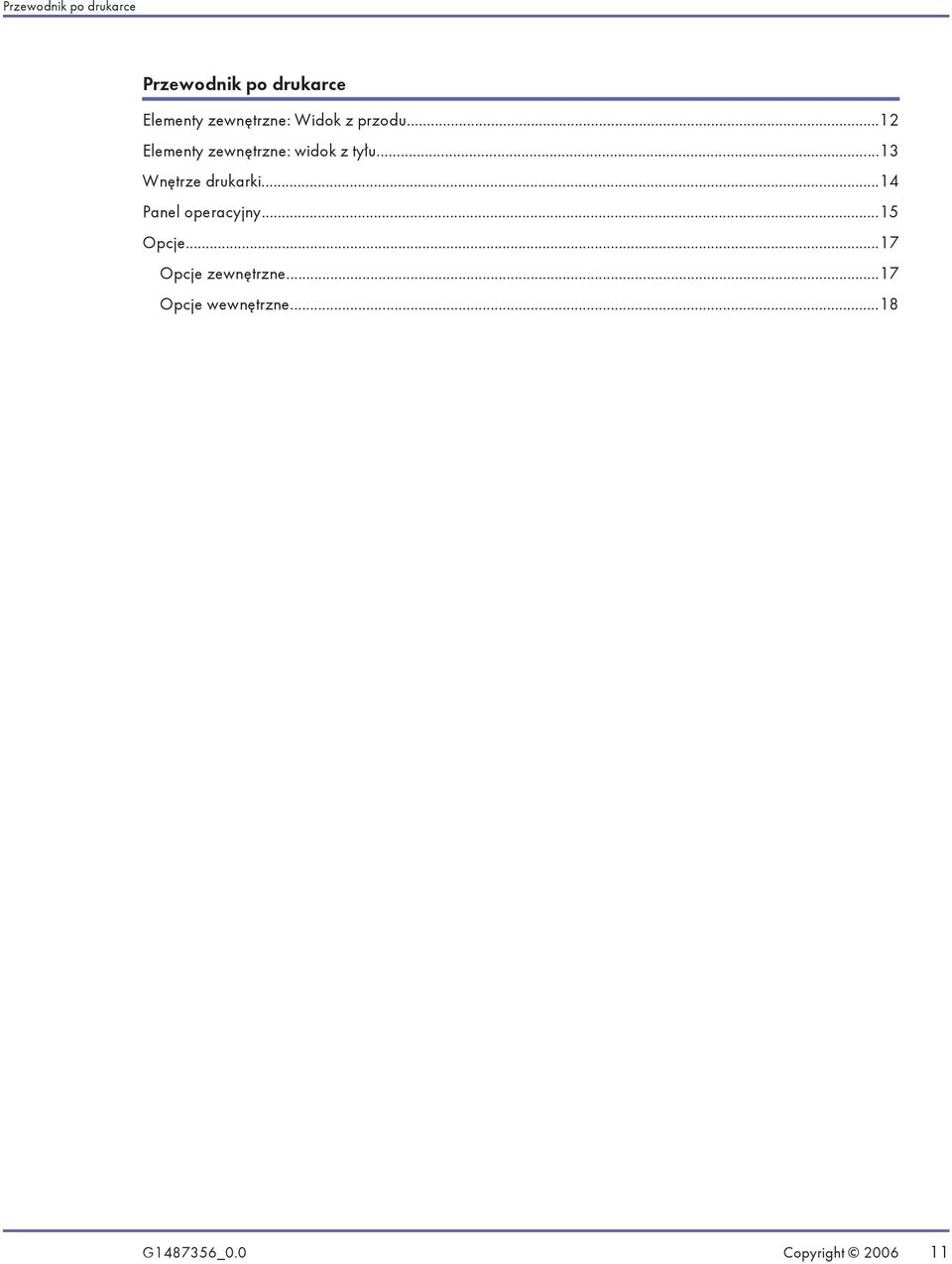 ..13 Wnętrze drukarki...14 Panel operacyjny...15 Opcje.