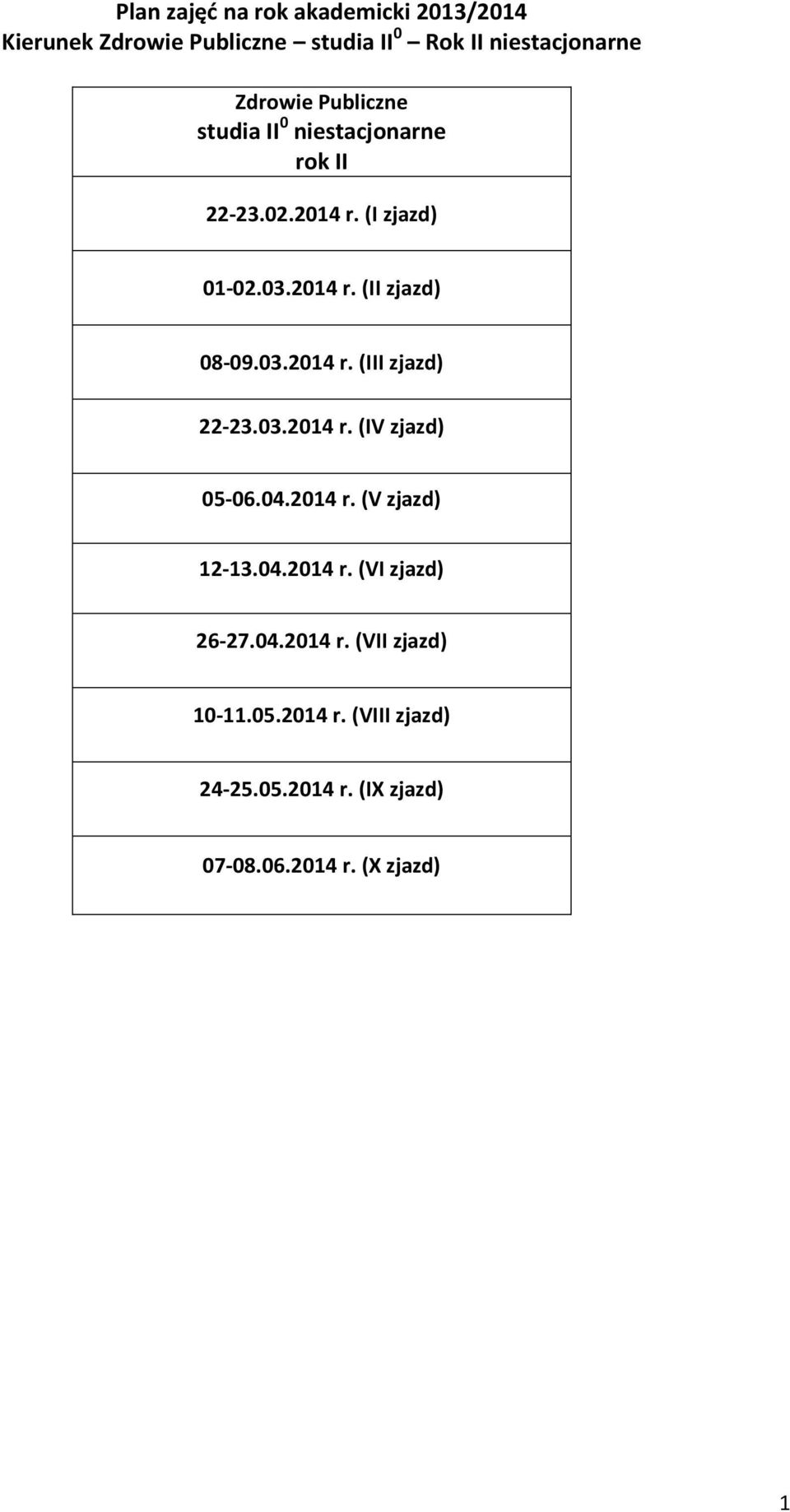 03.2014 r. (IV zjazd) 05-06.04.2014 r. (V zjazd) 12-13.04.2014 r. (VI zjazd) 26-27.04.2014 r. (VII zjazd) 10-11.