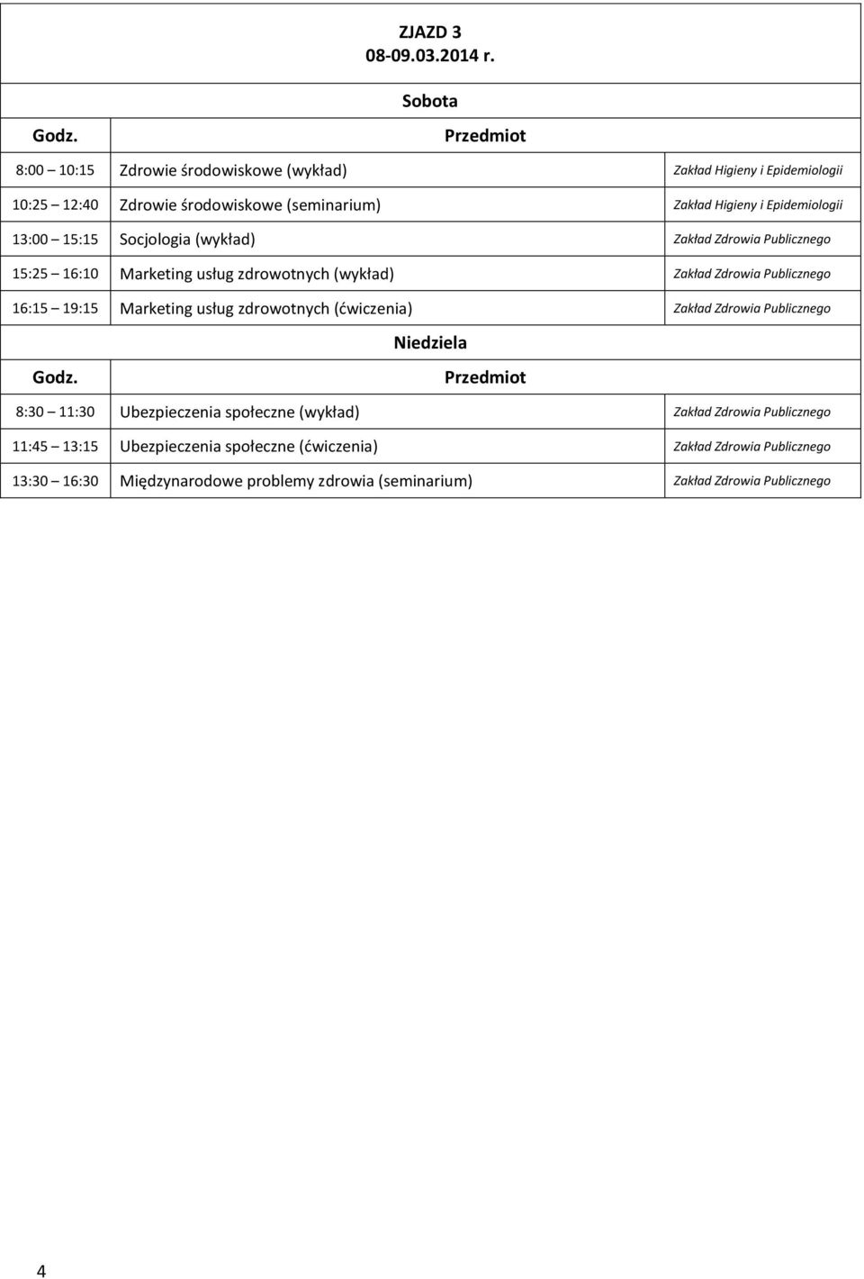 15:15 Socjologia (wykład) Zakład Zdrowia Publicznego 15:25 16:10 Marketing usług zdrowotnych (wykład) Zakład Zdrowia Publicznego 16:15 19:15 Marketing