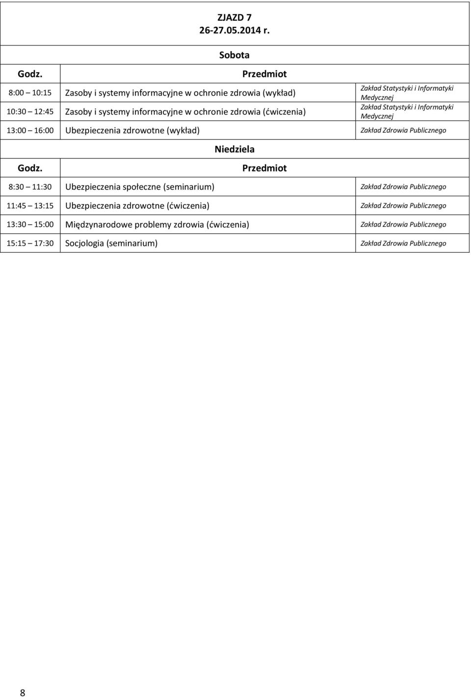 (ćwiczenia) 13:00 16:00 Ubezpieczenia zdrowotne (wykład) Zakład Zdrowia Publicznego 8:30 11:30 Ubezpieczenia społeczne (seminarium)