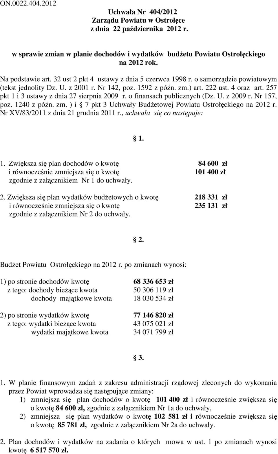 Nr 157, poz. 1240 z późn. zm. ) i 7 pkt 3 Uchwały Budżetowej Powiatu Ostrołęckiego na 2012 r. Nr XV/83/2011 z dnia 21 grudnia 2011 r., uchwala się co następuje: 1. 1. Zwiększa się plan dochodów o kwotę 84 600 zł i równocześnie zmniejsza się o kwotę 101 400 zł zgodnie z załącznikiem Nr 1 do uchwały.