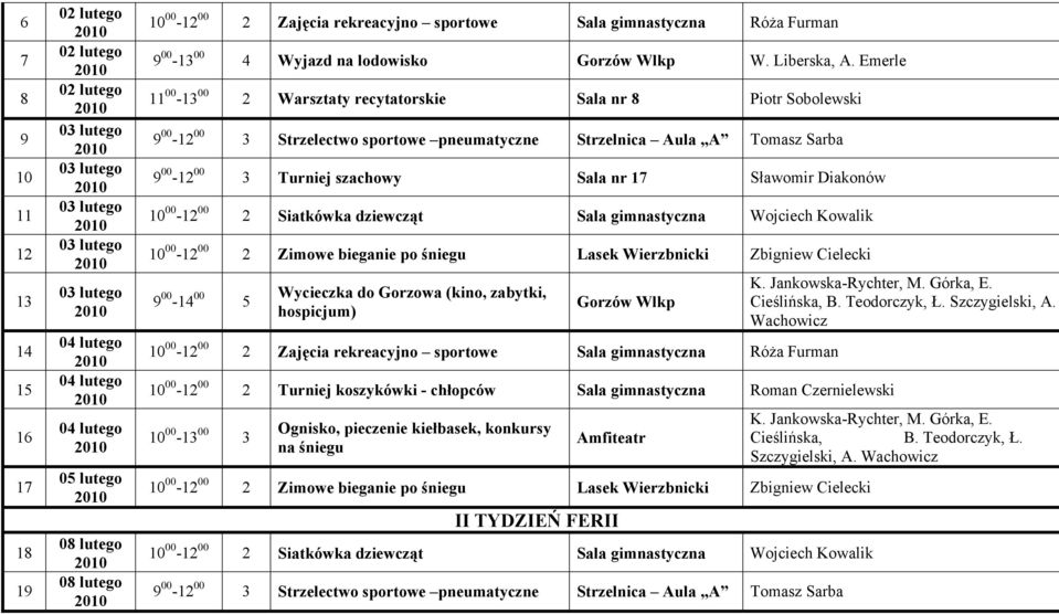 Emerle 11 00-13 00 2 Warsztaty recytatorskie Sala nr 8 Piotr Sobolewski 9 00-12 00 3 Turniej szachowy Sala nr 17 Sławomir Diakonów 10 00-12 00 2 Zimowe bieganie po śniegu Lasek Wierzbnicki Zbigniew