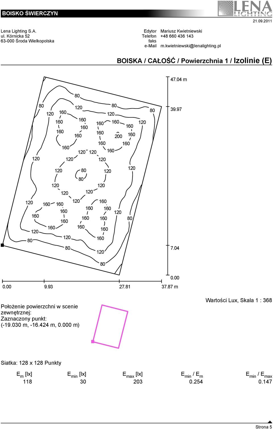 424 m, 0 m) Wartości Lux, Skala : 368 Siatka: 28 x
