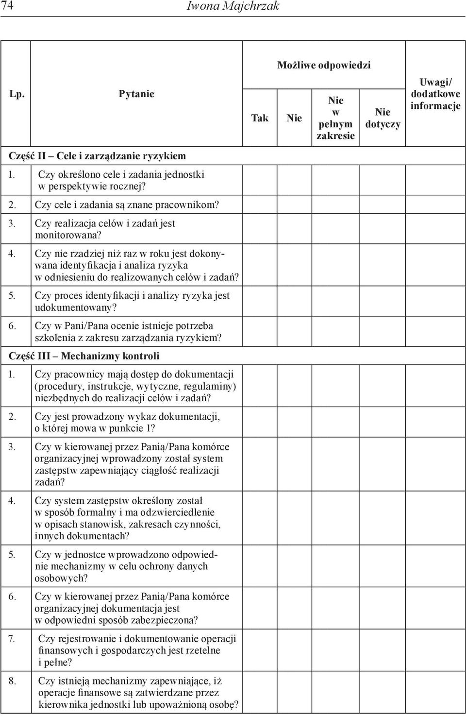 Czy proces identyfikacji i analizy ryzyka jest udokumentowany? 6. Czy w Pani/Pana ocenie istnieje potrzeba szkolenia z zakresu zarządzania ryzykiem? Część III Mechanizmy kontroli 1.