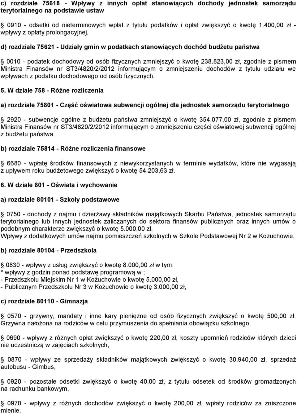 400,00 zł - wpływy z opłaty prolongacyjnej, d) rozdziale 75621 - Udziały gmin w podatkach stanowiących dochód budżetu państwa 0010 - podatek dochodowy od osób fizycznych zmniejszyć o kwotę 238.