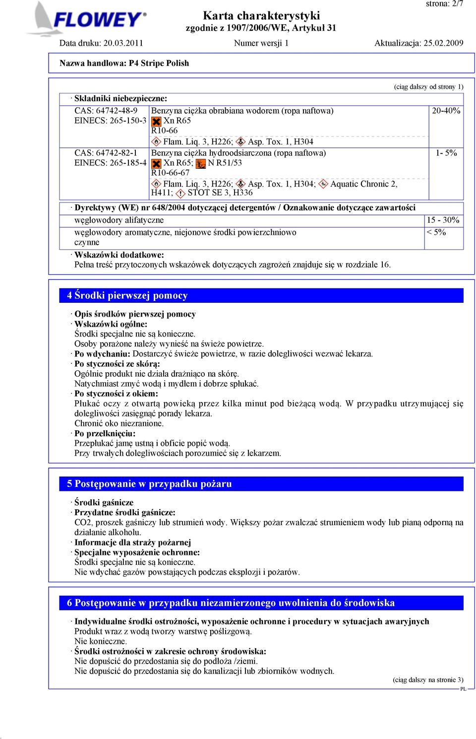 1, H304; Aquatic Chronic 2, H411; STOT SE 3, H336 (ciąg dalszy od strony 1) 20-40% 1-5% Dyrektywy (WE) nr 648/2004 dotyczącej detergentów / Oznakowanie dotyczące zawartości węglowodory alifatyczne