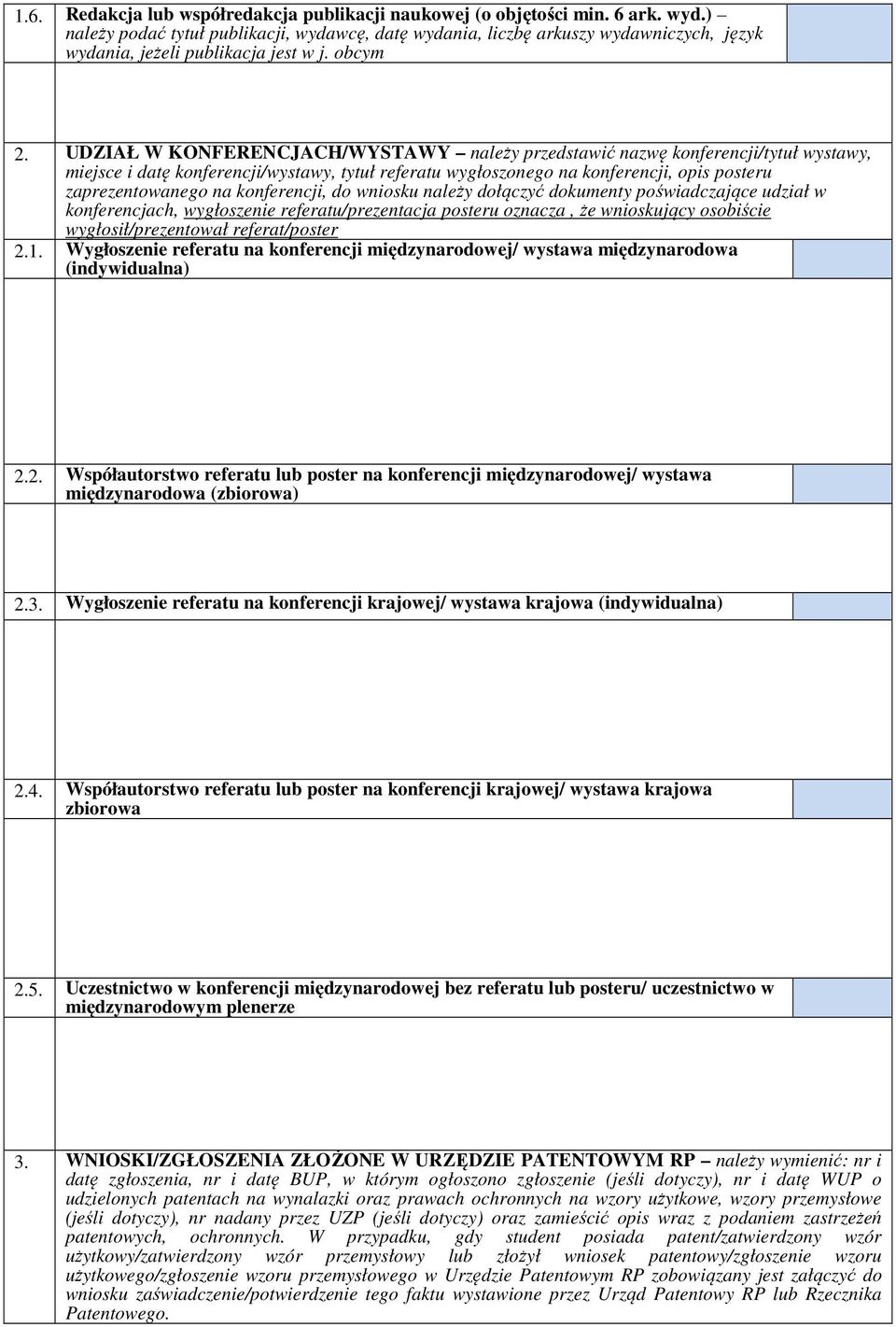 UDZIAŁ W KONFERENCJACH/WYSTAWY należy przedstawić nazwę konferencji/tytuł wystawy, miejsce i datę konferencji/wystawy, tytuł referatu wygłoszonego na konferencji, opis posteru zaprezentowanego na