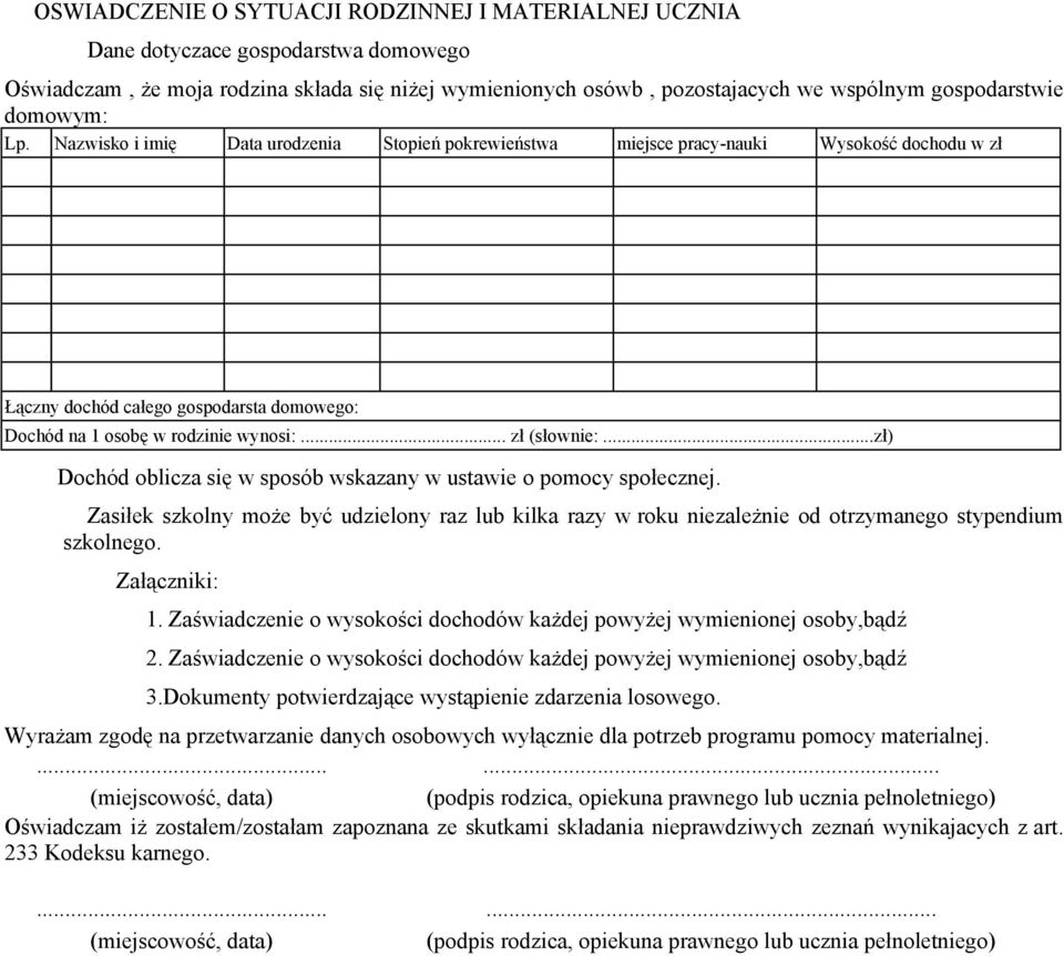 .. zł (słownie:...zł) Dochód oblicza się w sposób wskazany w ustawie o pomocy społecznej. Zasiłek szkolny może być udzielony raz lub kilka razy w roku niezależnie od otrzymanego stypendium szkolnego.