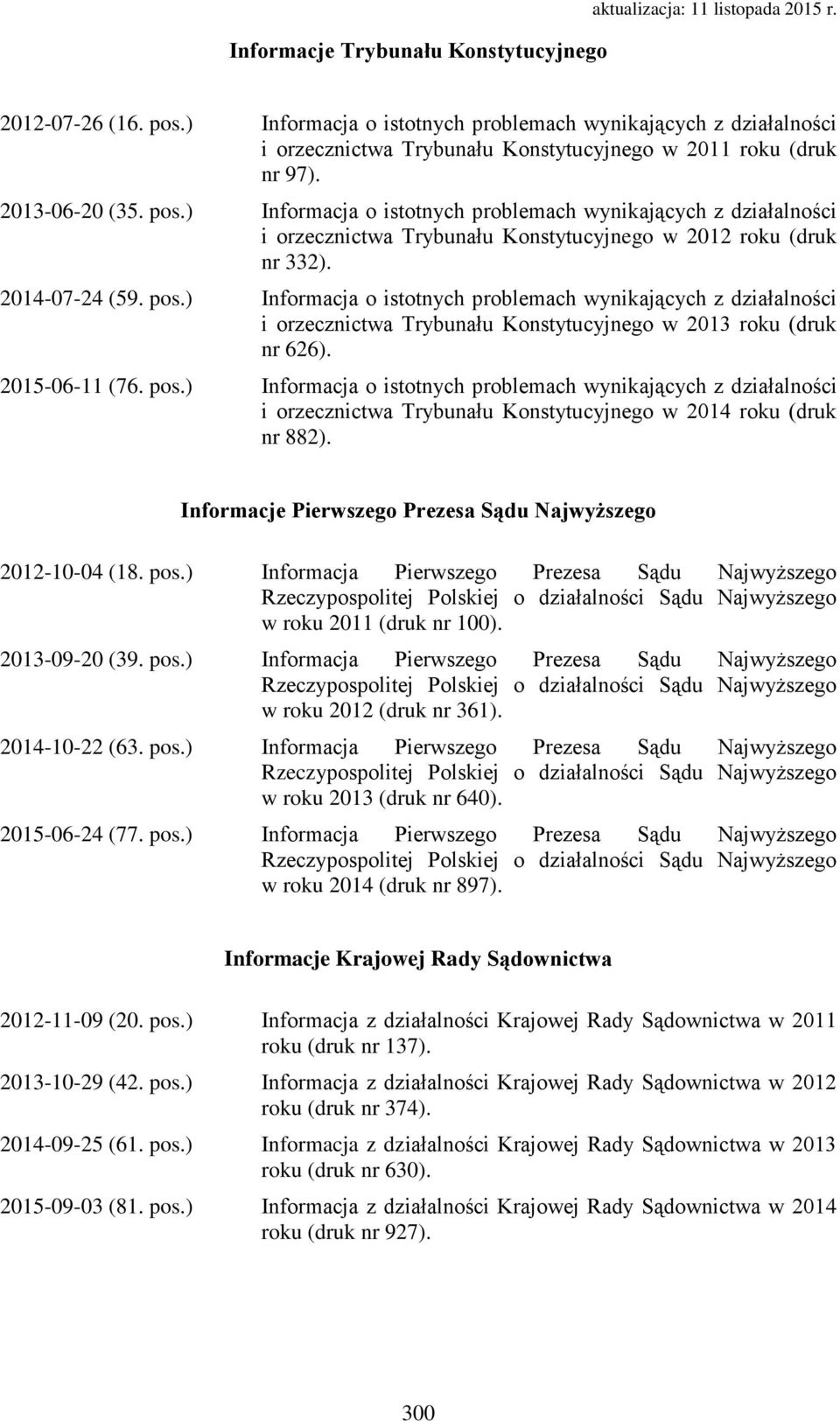 2015-06-11 (76. pos.) Informacja o istotnych problemach wynikających z działalności i orzecznictwa Trybunału Konstytucyjnego w 2014 roku (druk nr 882).