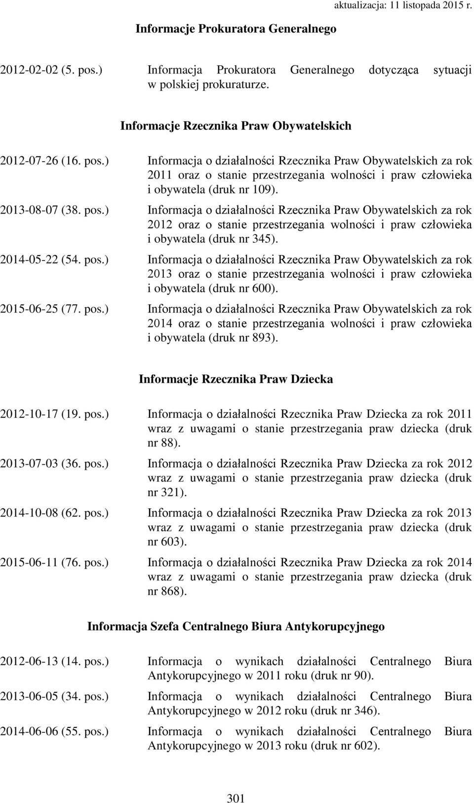 ) Informacja o działalności Rzecznika Praw Obywatelskich za rok 2011 oraz o stanie przestrzegania wolności i praw człowieka i obywatela (druk nr 109). 2013-08-07 (38. pos.