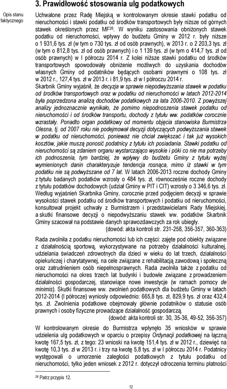 określonych przez MF 28. W wyniku zastosowania obniżonych stawek podatku od nieruchomości, wpływy do budżetu Gminy w 2012 r. były niższe o 1 931,6 tys. zł (w tym o 730 tys.