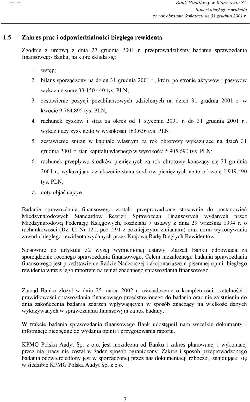 764.895 ; 4. rachunek zysków i strat za okres od 1 stycznia 2001 r. do 31 grudnia 2001 r., wykazujący zysk netto w wysokości 163.636 ; 5.