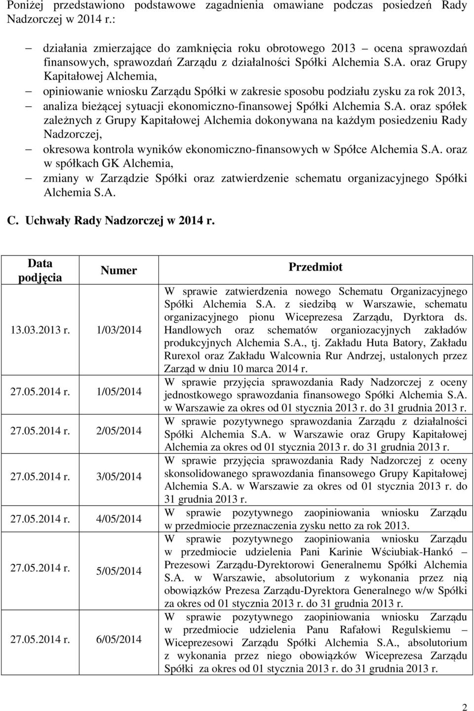 chemia S.A. oraz Grupy Kapitałowej Alchemia, opiniowanie wniosku Zarządu Spółki w zakresie sposobu podziału zysku za rok 2013, analiza bieżącej sytuacji ekonomiczno-finansowej Spółki Alchemia S.A. oraz spółek zależnych z Grupy Kapitałowej Alchemia dokonywana na każdym posiedzeniu Rady Nadzorczej, okresowa kontrola wyników ekonomiczno-finansowych w Spółce Alchemia S.