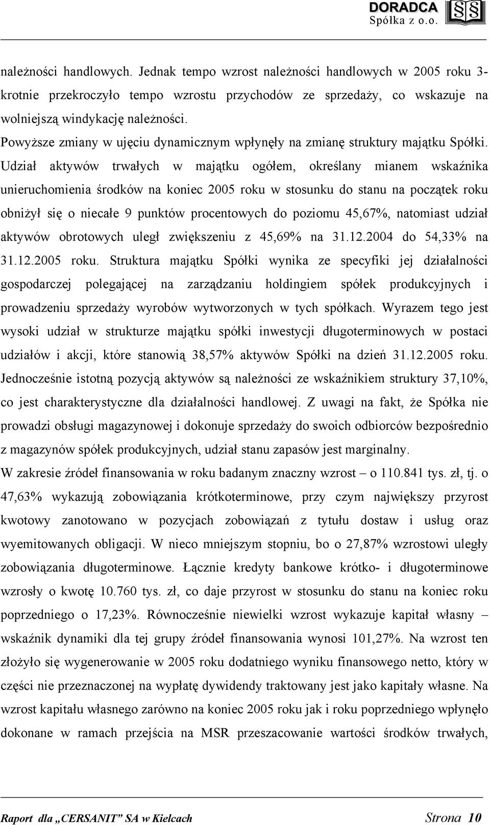 Udział aktywów trwałych w majątku ogółem, określany mianem wskaźnika unieruchomienia środków na koniec 2005 roku w stosunku do stanu na początek roku obniżył się o niecałe 9 punktów procentowych do