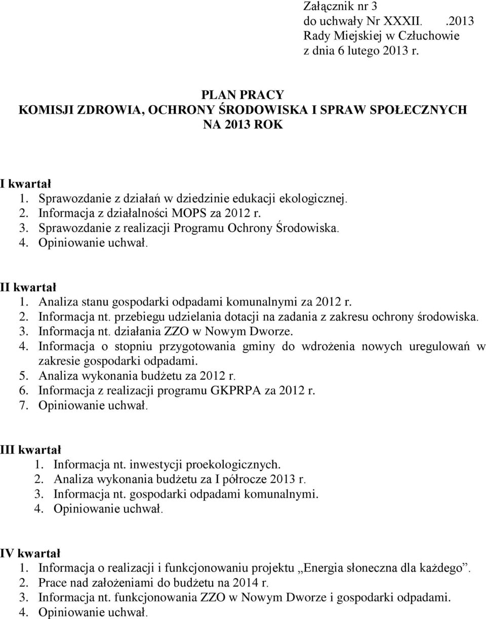 4. Informacja o stopniu przygotowania gminy do wdrożenia nowych uregulowań w zakresie gospodarki odpadami. 5. Analiza wykonania budżetu za 2012 r. 6. Informacja z realizacji programu GKPRPA za 2012 r.