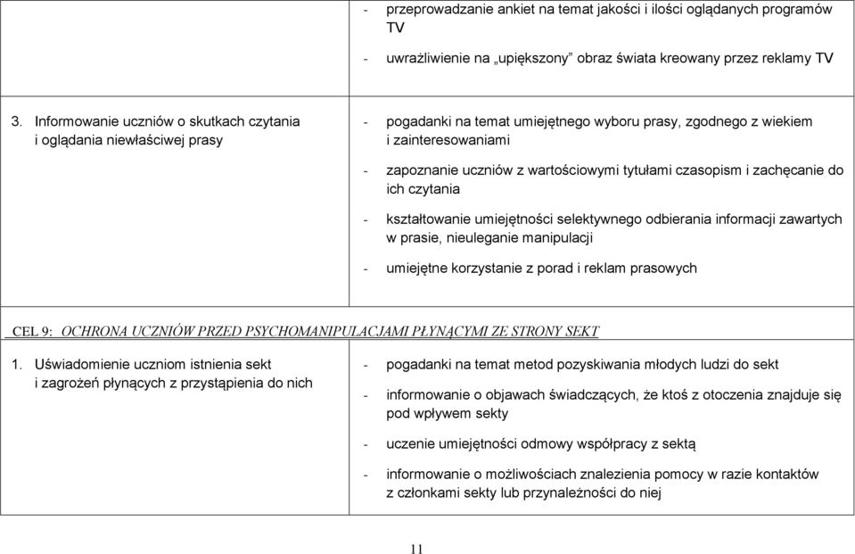 i zachęcanie d ich czytania - kształtwanie umiejętnści selektywneg dbierania infrmacji zawartych w prasie, nieuleganie manipulacji - umiejętne krzystanie z prad i reklam praswych CEL 9: OCHRONA