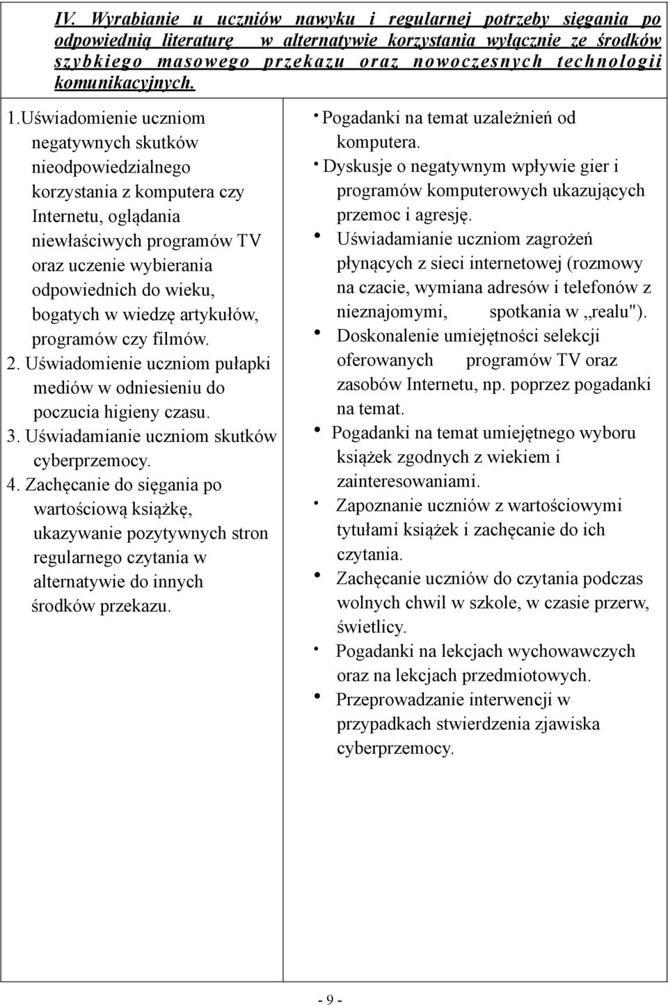 Uświadomienie uczniom negatywnych skutków nieodpowiedzialnego korzystania z komputera czy Internetu, oglądania niewłaściwych programów TV oraz uczenie wybierania odpowiednich do wieku, bogatych w