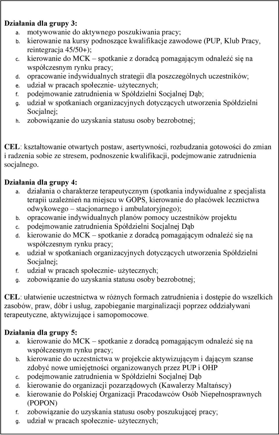 udział w pracach społecznie- użytecznych; f. podejmowanie zatrudnienia w Spółdzielni Socjalnej Dąb; g. udział w spotkaniach organizacyjnych dotyczących utworzenia Spółdzielni h.