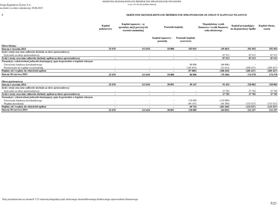 powyżej ich wartości nominalnej Pozostałe kapitały Niepodzielony wynik finansowy i wynik finansowy roku obrotowego Kapitał przypadający na akcjonariuszy Spółki Kapitał własny, razem Kapitał zapasowy