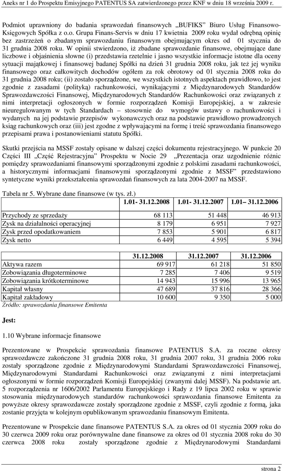 finansowej badanej Spółki na dzień 31 grudnia 2008 roku, jak teŝ jej wyniku finansowego oraz całkowitych dochodów ogółem za rok obrotowy od 01 stycznia 2008 roku do 31 grudnia 2008 roku; (ii) zostało