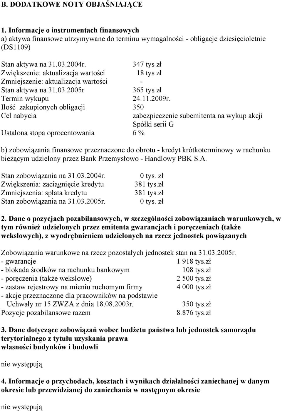 Ilość zakupionych obligacji 350 Cel nabycia zabezpieczenie subemitenta na wykup akcji Spółki serii G Ustalona stopa oprocentowania 6 % b) zobowiązania finansowe przeznaczone do obrotu - kredyt