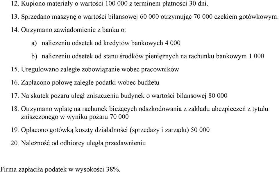 Uregulowano zaległe zobowiązanie wobec pracowników 16. Zapłacono połowę zaległe podatki wobec budżetu 17. Na skutek pożaru uległ zniszczeniu budynek o wartości bilansowej 80 000 18.