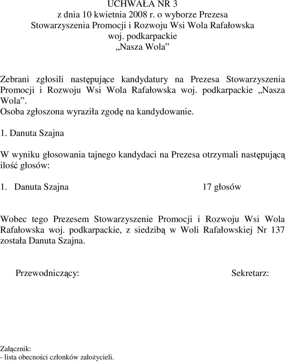 Rafałowska Nasza Wola. Osoba zgłoszona wyraziła zgodę na kandydowanie. 1.