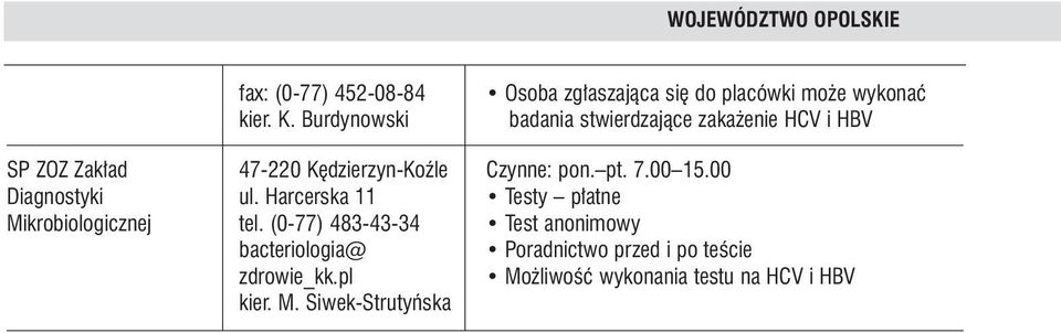 SP ZOZ Zak ad 47-220 K dzierzyn-koêle Czynne: pon. pt. 7.00 15.00 Diagnostyki ul.
