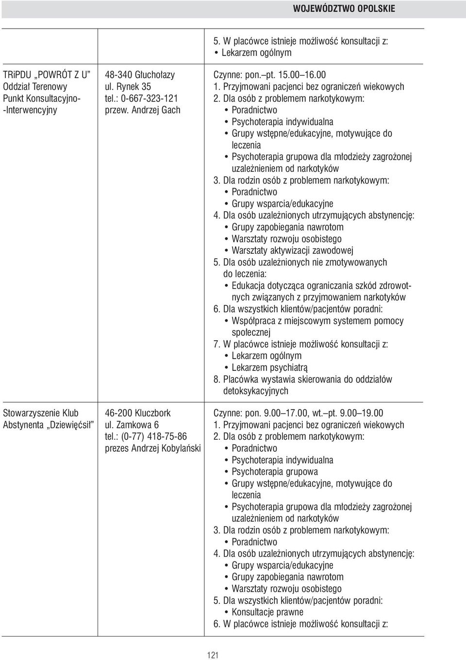 Andrzej Gach Grupy wst pne/edukacyjne, motywujàce do leczenia Psychoterapia grupowa dla m odzie y zagro onej uzale nieniem od narkotyków Grupy zapobiegania nawrotom Warsztaty rozwoju osobistego