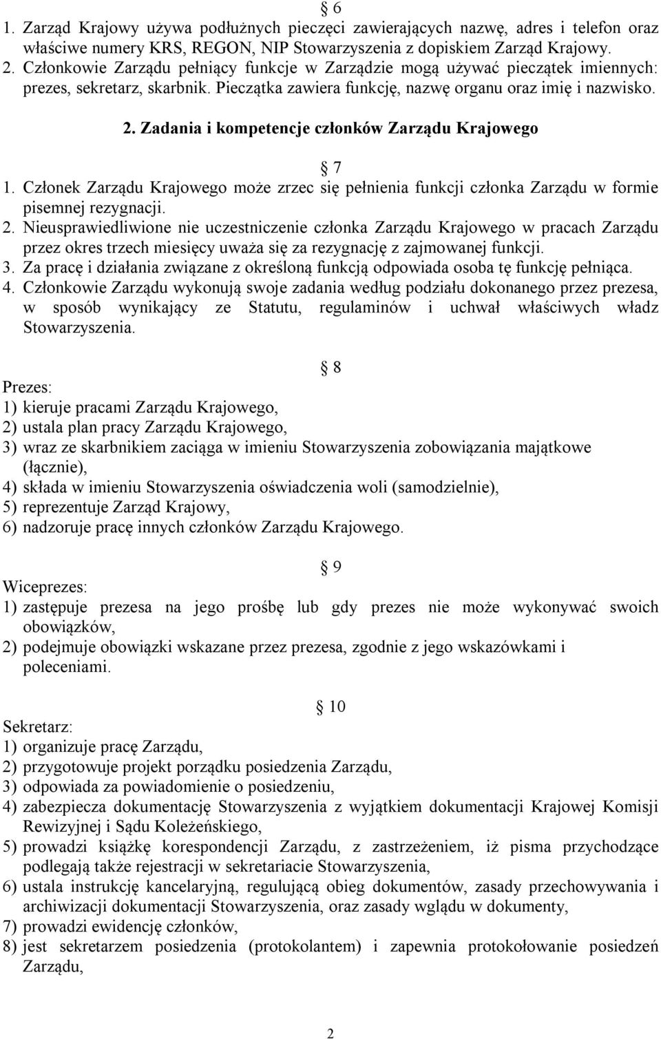 Zadania i kompetencje członków Zarządu Krajowego 7 1. Członek Zarządu Krajowego może zrzec się pełnienia funkcji członka Zarządu w formie pisemnej rezygnacji. 2.