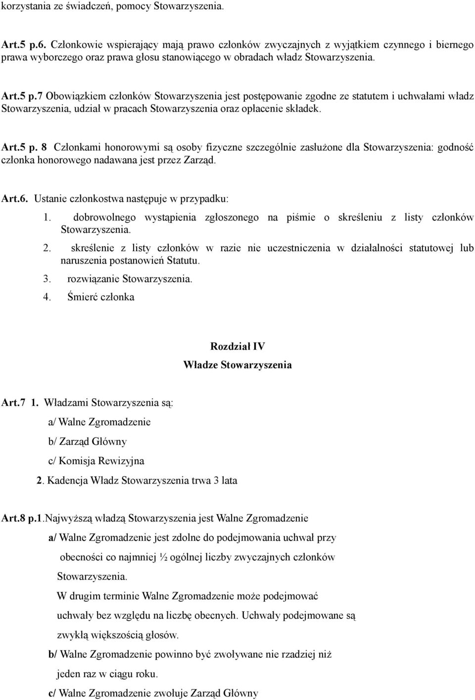 Art.6. Ustanie członkostwa następuje w przypadku: 1. dobrowolnego wystąpienia zgłoszonego na piśmie o skreśleniu z listy członków 2.