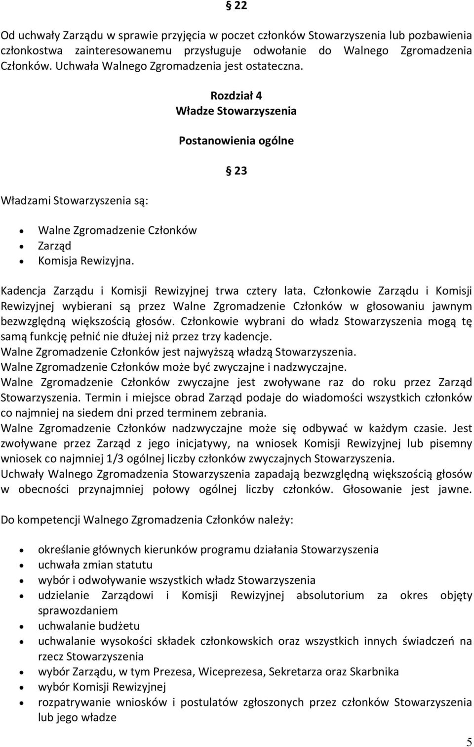 Rozdział 4 Władze Stowarzyszenia Postanowienia ogólne 23 Kadencja Zarządu i Komisji Rewizyjnej trwa cztery lata.