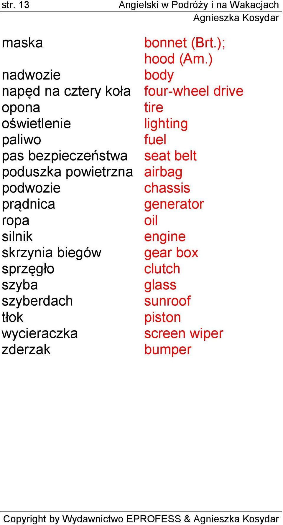 bezpieczeństwa seat belt poduszka powietrzna airbag podwozie chassis prądnica generator ropa oil silnik engine