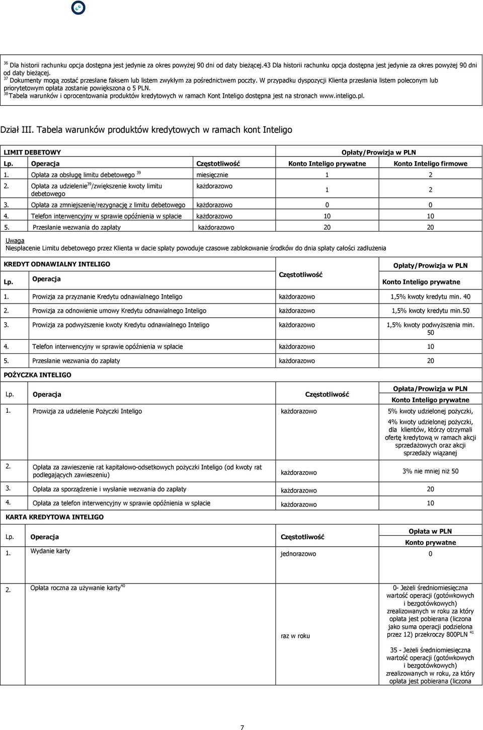 38 Tabela warunków i oprocentowania produktów kredytowych w ramach Kont Inteligo dostępna jest na stronach www.inteligo.pl. Dział III.