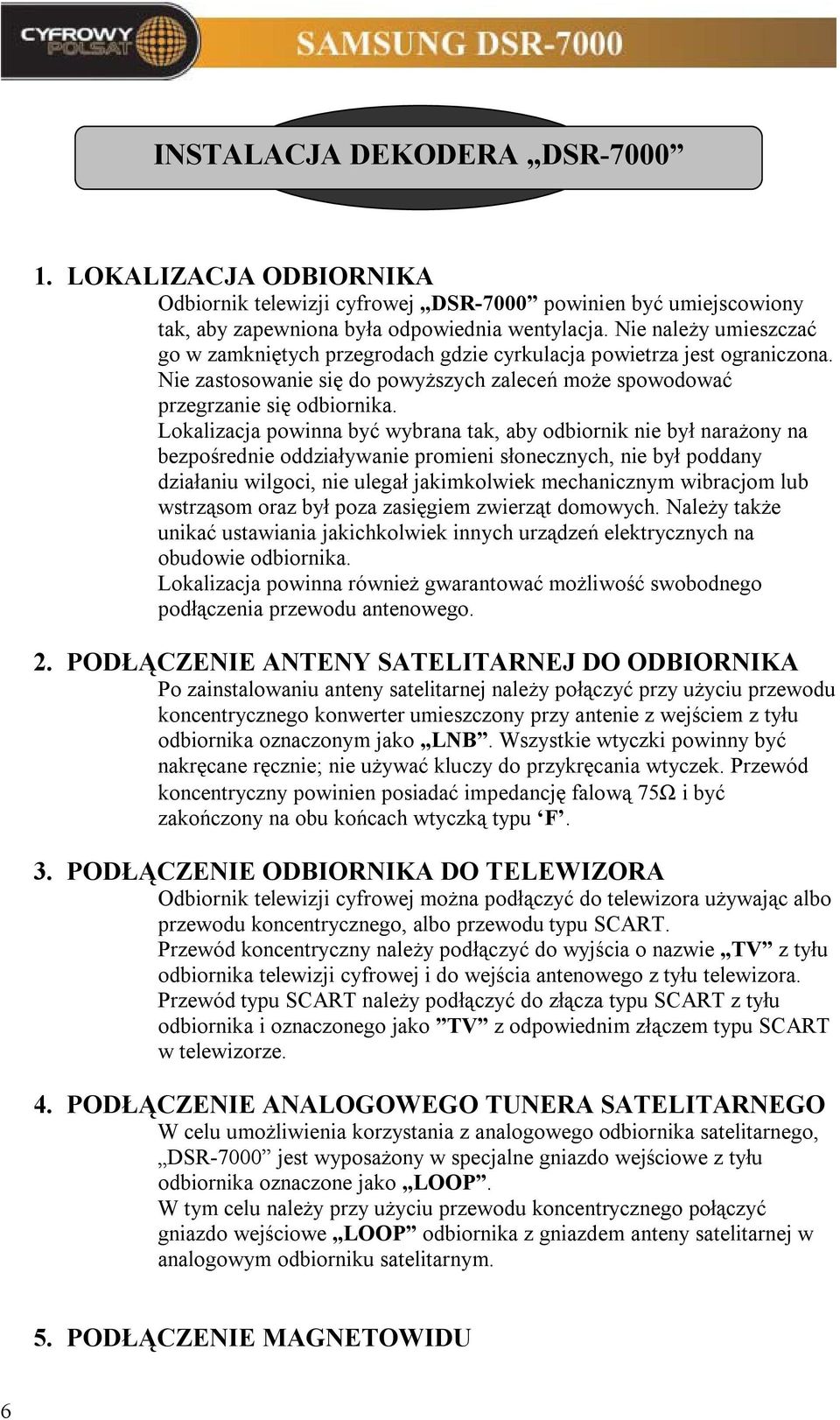 Lokalizacja powinna być wybrana tak, aby odbiornik nie był narażony na bezpośrednie oddziaływanie promieni słonecznych, nie był poddany działaniu wilgoci, nie ulegał jakimkolwiek mechanicznym