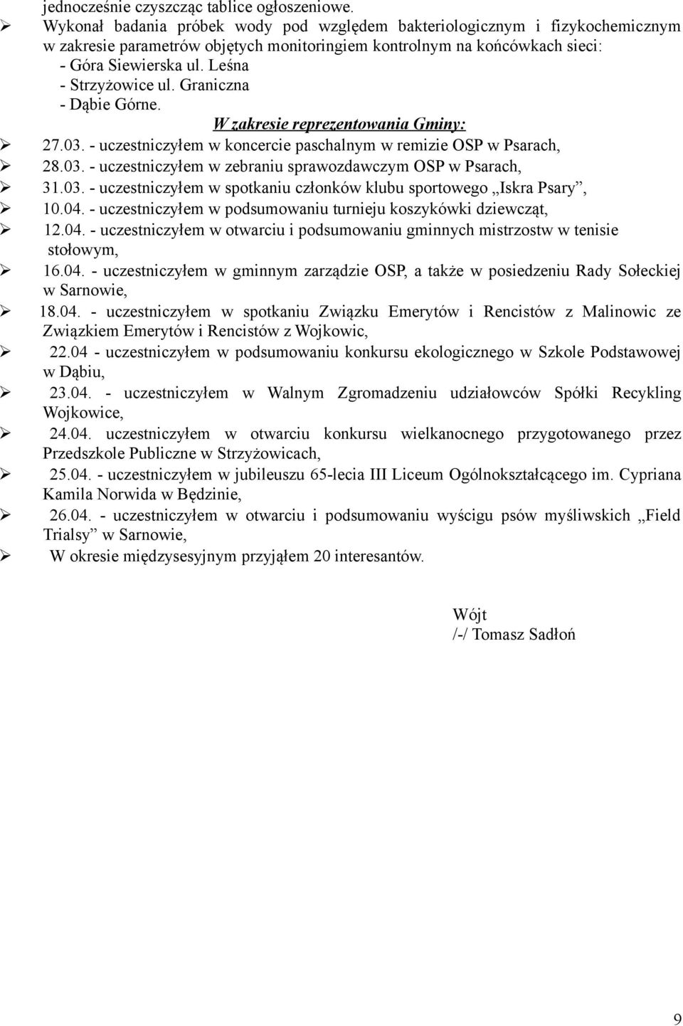 Graniczna - Dąbie Górne. W zakresie reprezentowania Gminy: 27.03. - uczestniczyłem w koncercie paschalnym w remizie OSP w Psarach, 28.03. - uczestniczyłem w zebraniu sprawozdawczym OSP w Psarach, 31.