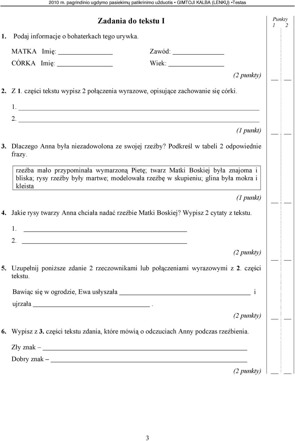 rzeźba mało przypominała wymarzoną Pietę; twarz Matki Boskiej była znajoma i bliska; rysy rzeźby były martwe; modelowała rzeźbę w skupieniu; glina była mokra i kleista (1 punkt) 4.