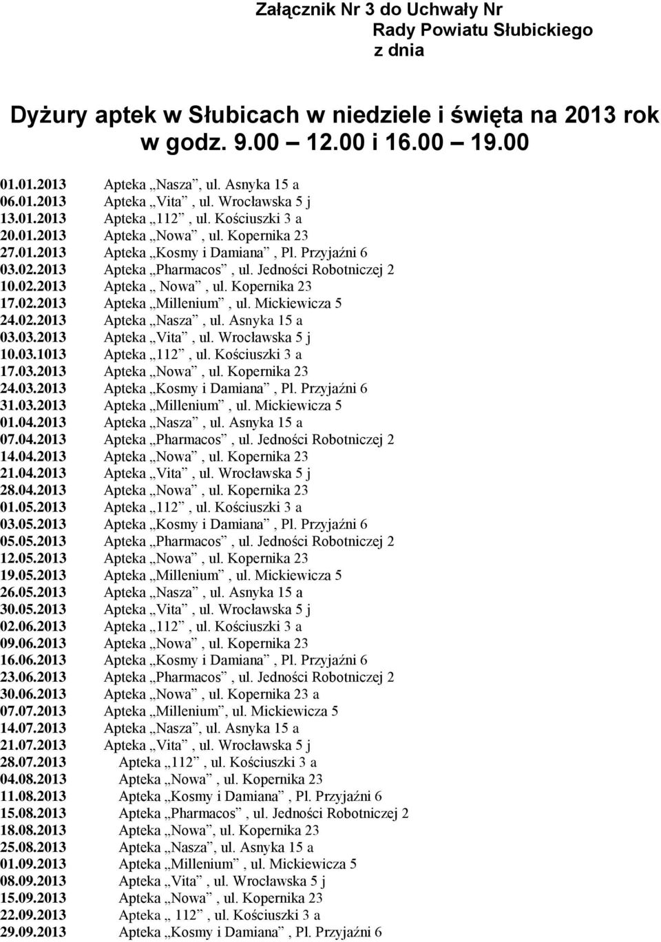 Jedności Robotniczej 2 10.02.2013 Apteka Nowa, ul. Kopernika 23 17.02.2013 Apteka Millenium, ul. Mickiewicza 5 24.02.2013 Apteka Nasza, ul. Asnyka 15 a 03.03.2013 Apteka Vita, ul. Wrocławska 5 j 10.