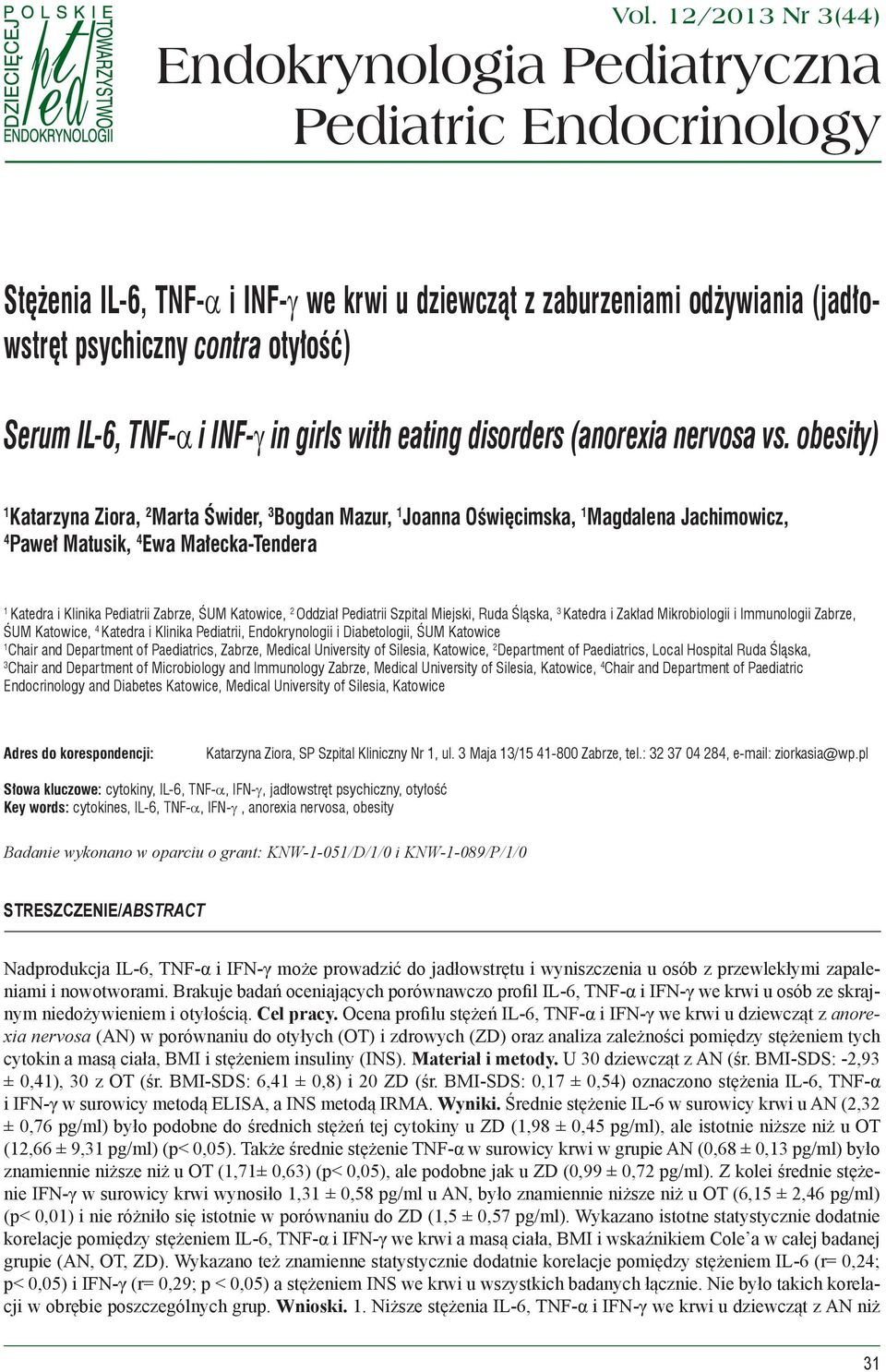 TNF-α i INF-γ in girls with eating disorders (anorexia nervosa vs.