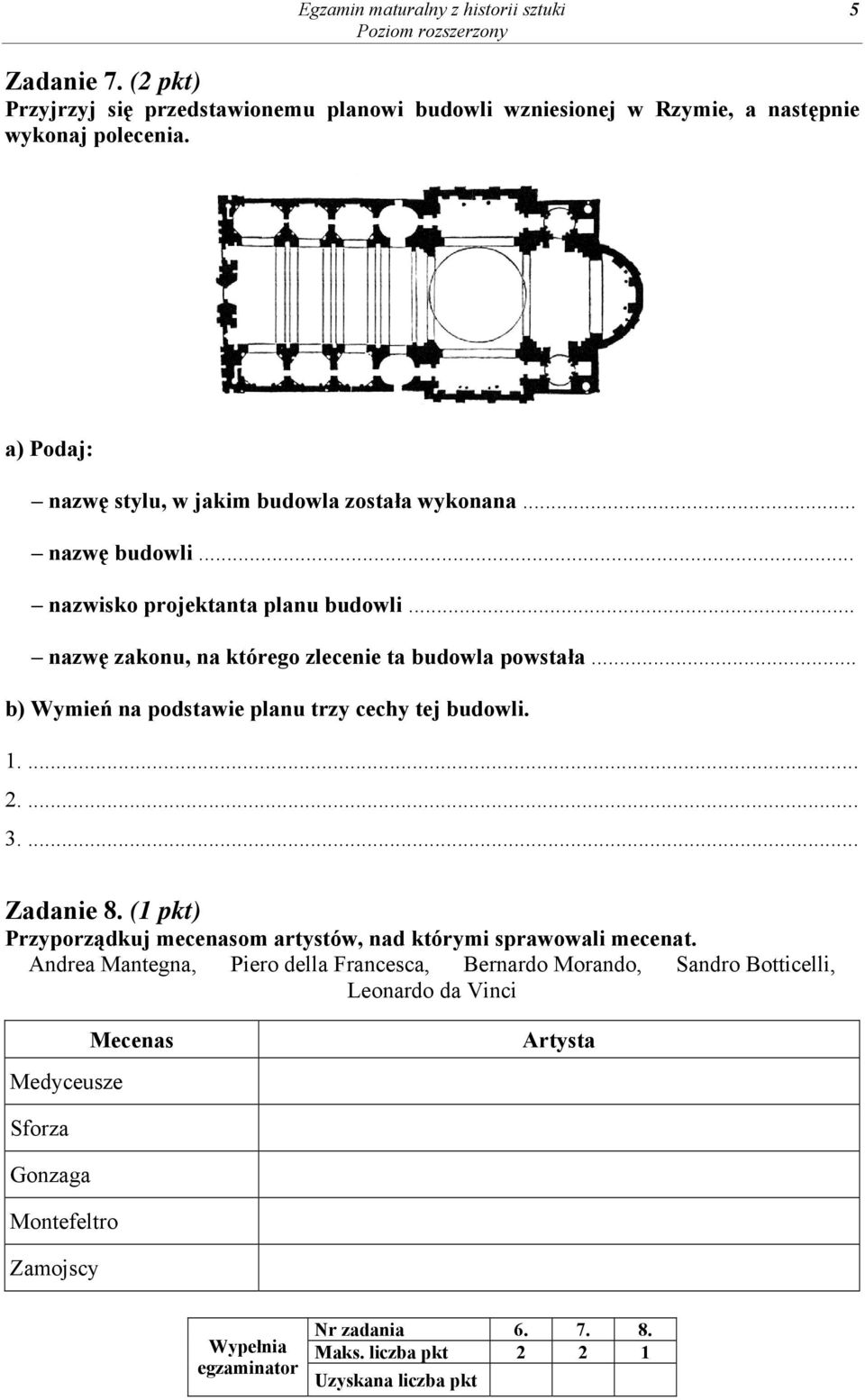 .. b) Wymień na podstawie planu trzy cechy tej budowli. 1.... 2.... 3.... Zadanie 8. (1 pkt) Przyporządkuj mecenasom artystów, nad którymi sprawowali mecenat.