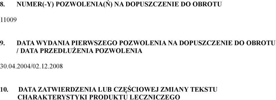 DATA PRZEDŁUŻENIA POZWOLENIA 30.04.2004/02.12.2008 10.