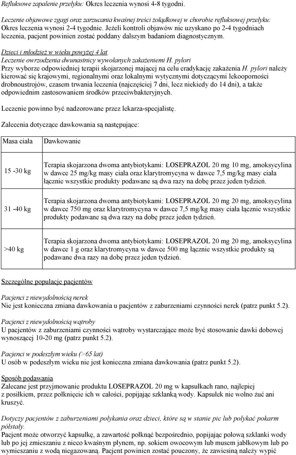 Dzieci i młodzież w wieku powyżej 4 lat Leczenie owrzodzenia dwunastnicy wywołanych zakażeniemi H. pylori Przy wyborze odpowiedniej terapii skojarzonej mającej na celu eradykację zakażenia H.