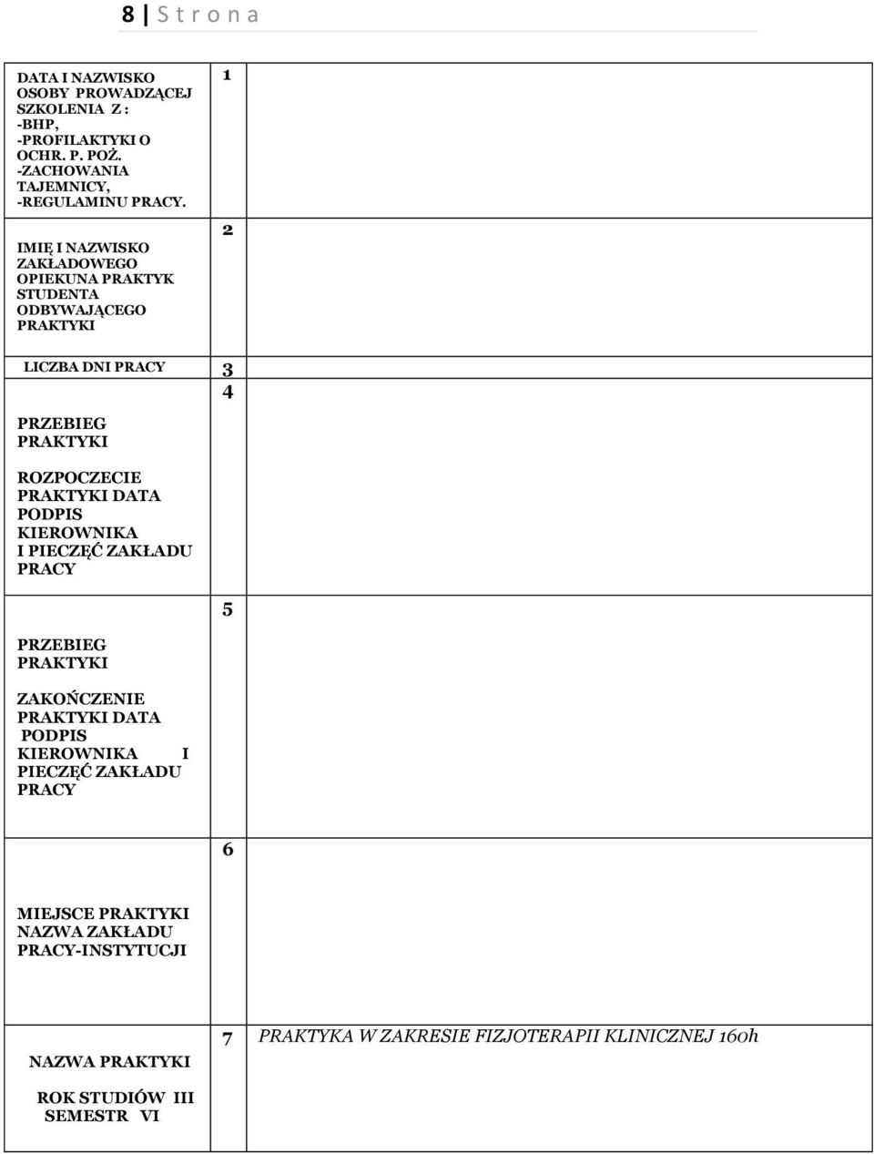 DATA PODPIS KIEROWNIKA I PIECZĘĆ ZAKŁADU PRACY PRZEBIEG PRAKTYKI ZAKOŃCZENIE PRAKTYKI DATA PODPIS KIEROWNIKA I PIECZĘĆ ZAKŁADU PRACY 5 6