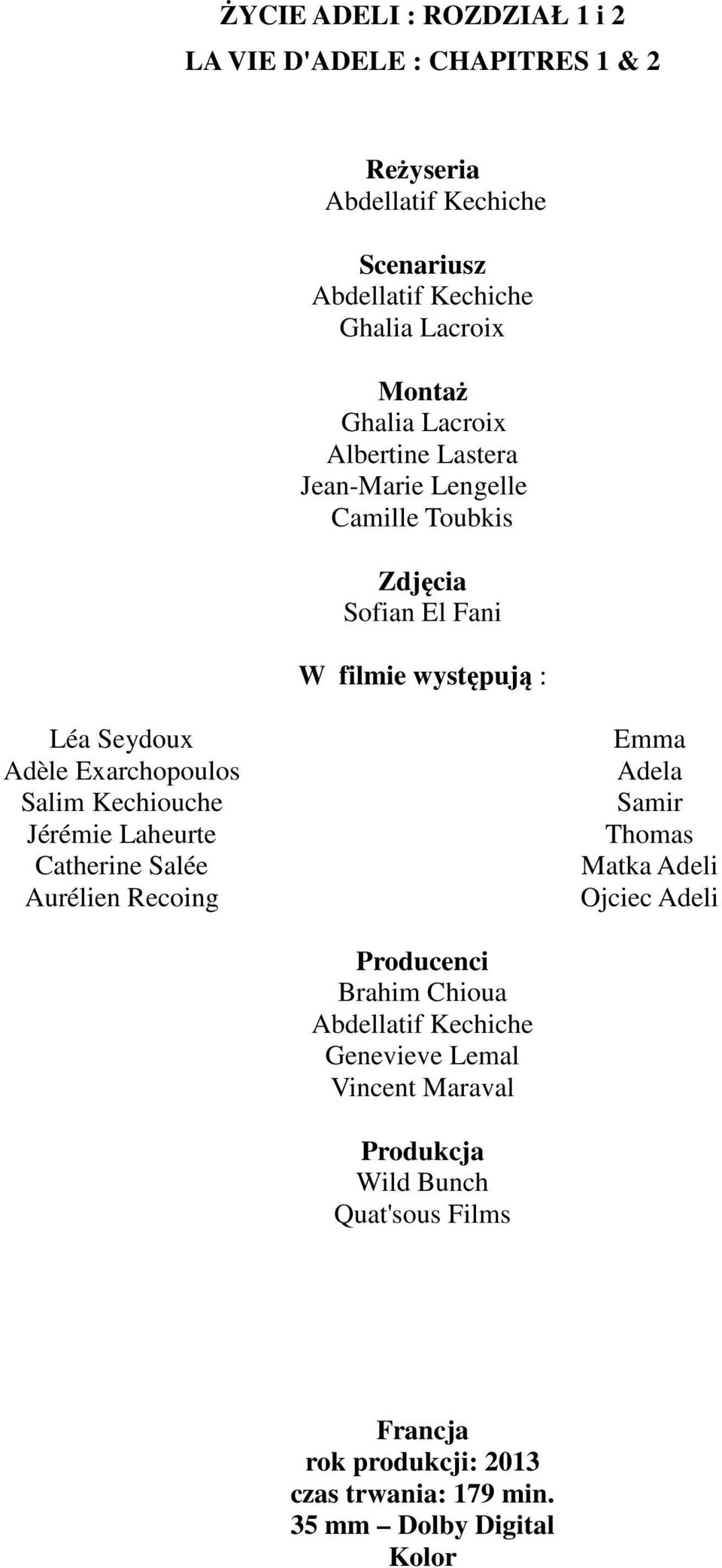Kechiouche Jérémie Laheurte Catherine Salée Aurélien Recoing Emma Adela Samir Thomas Matka Adeli Ojciec Adeli Producenci Brahim
