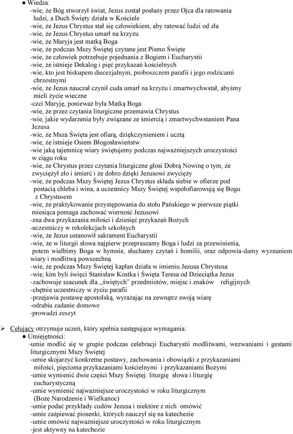 Dekalog i pięć przykazań kościelnych -wie, kto jest biskupem diecezjalnym, proboszczem parafii i jego rodzicami chrzestnymi -wie, że Jezus nauczał czynił cuda umarł na krzyżu i zmartwychwstał, abyśmy